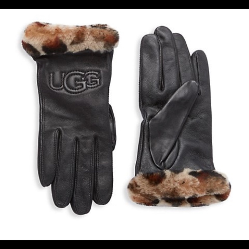 Black Leather and Leopard Print UGG Fur Gloves